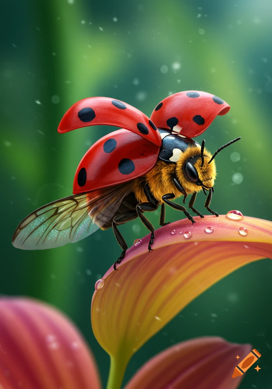 Close-up of a vibrant bee-ladybug-butterfly hybrid with open red spotted wings, perched on a dewy flower petal against a soft green background.