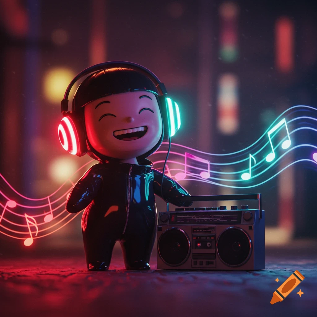 A smiling 3D rendered character with glowing headphones holds a boombox, surrounded by neon musical notes in a vibrant urban setting.