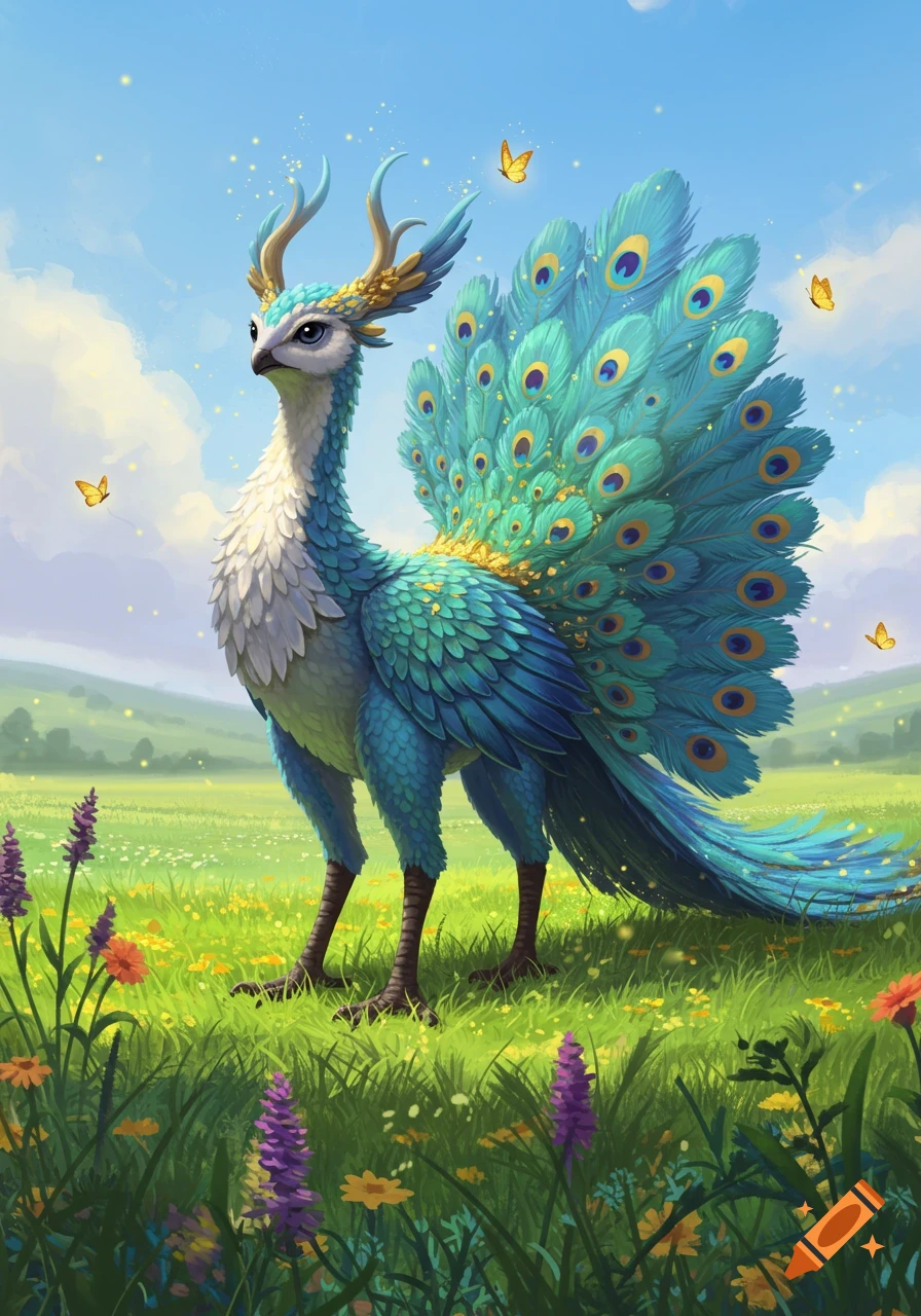 A majestic blue and white mythical creature with peacock feathers and antlers stands in a vibrant wildflower meadow under a blue sky.