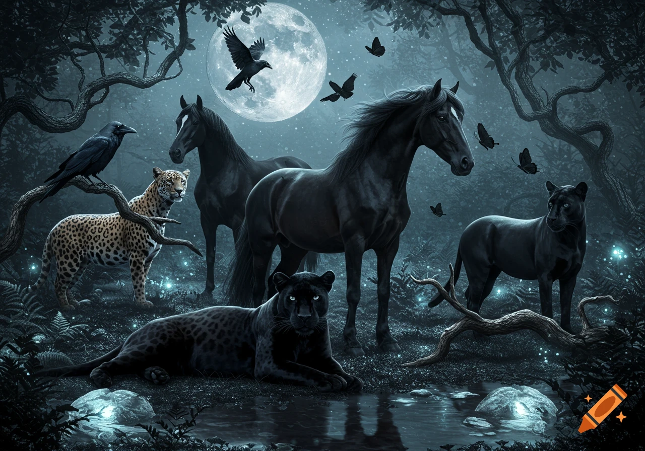 Black horses, leopards, panthers, and ravens in a mystical, moonlit forest with glowing elements.