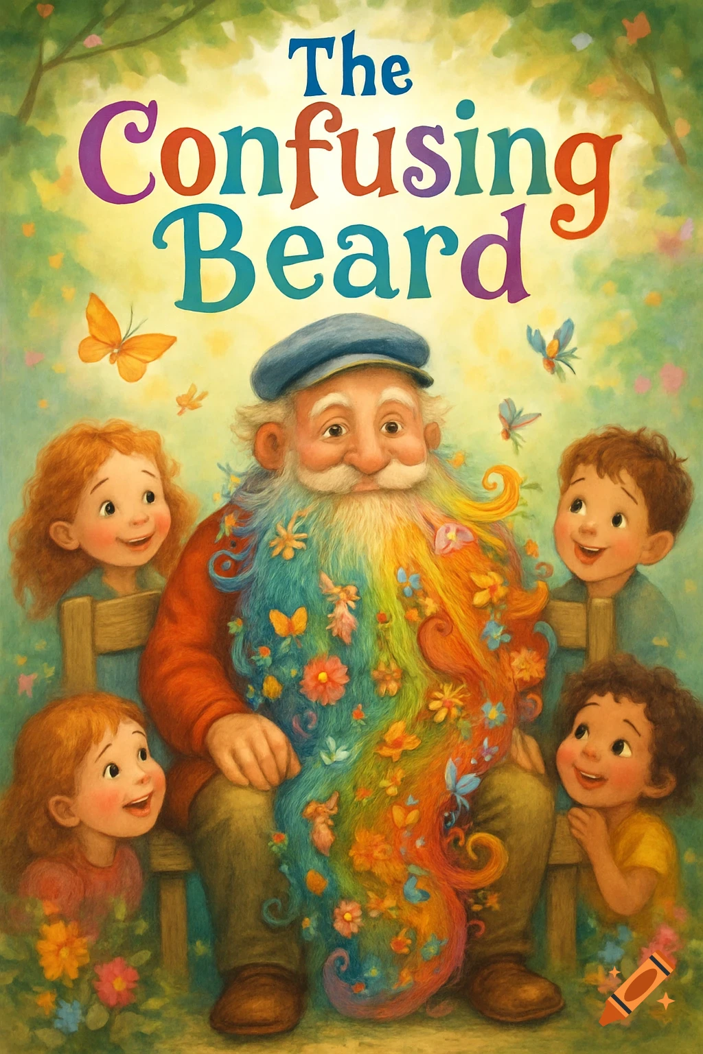 Whimsical children's book cover with an old man sporting a long, rainbow beard filled with flowers and butterflies, surrounded by curious children, titled "The Confusing Beard".