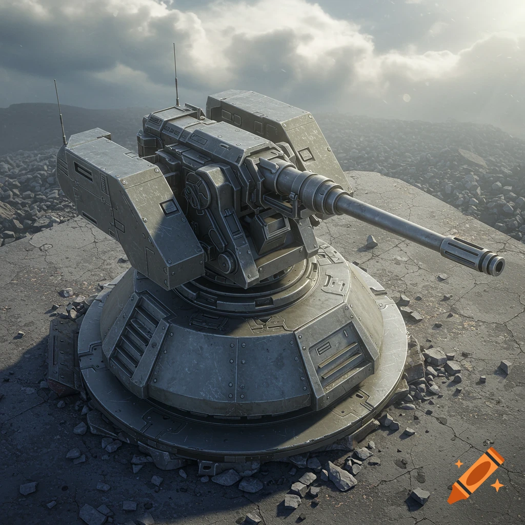 Detailed, photorealistic image of a military gun turret on a concrete base amidst rubble, under a cloudy sky.