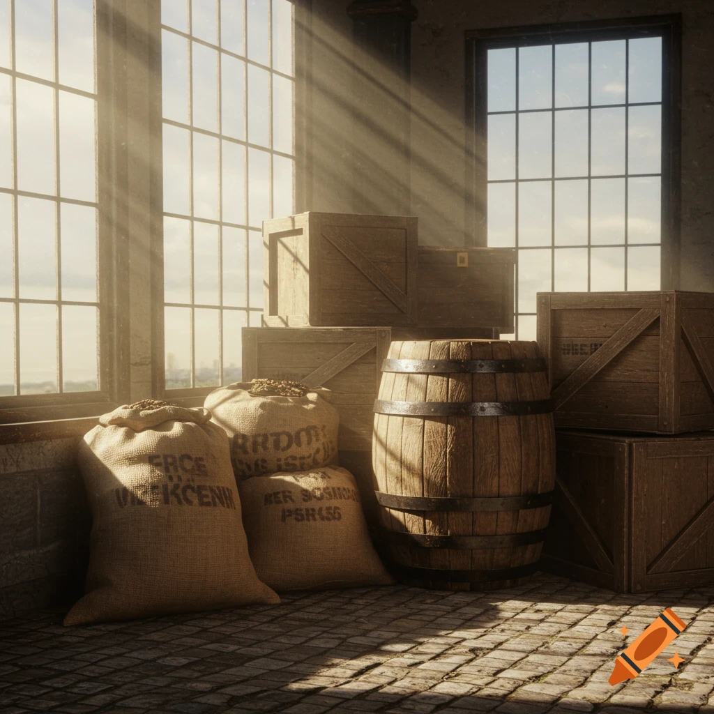 Sunlight streams through large windows into a room with stacked wooden crates, a barrel, and burlap sacks on a cobblestone floor.