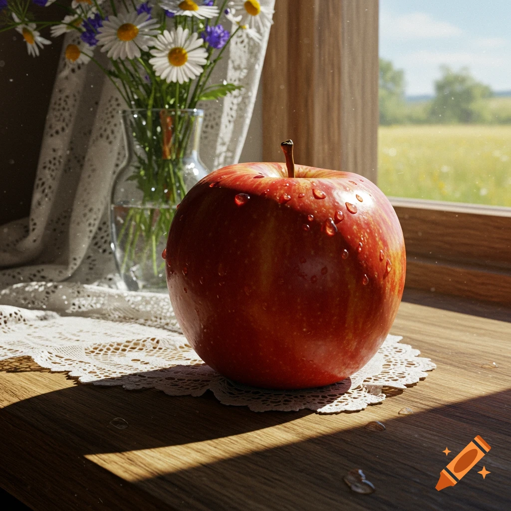 Photorealistic image of a red apple with water droplets on a wooden windowsill, next to a vase of wildflowers.