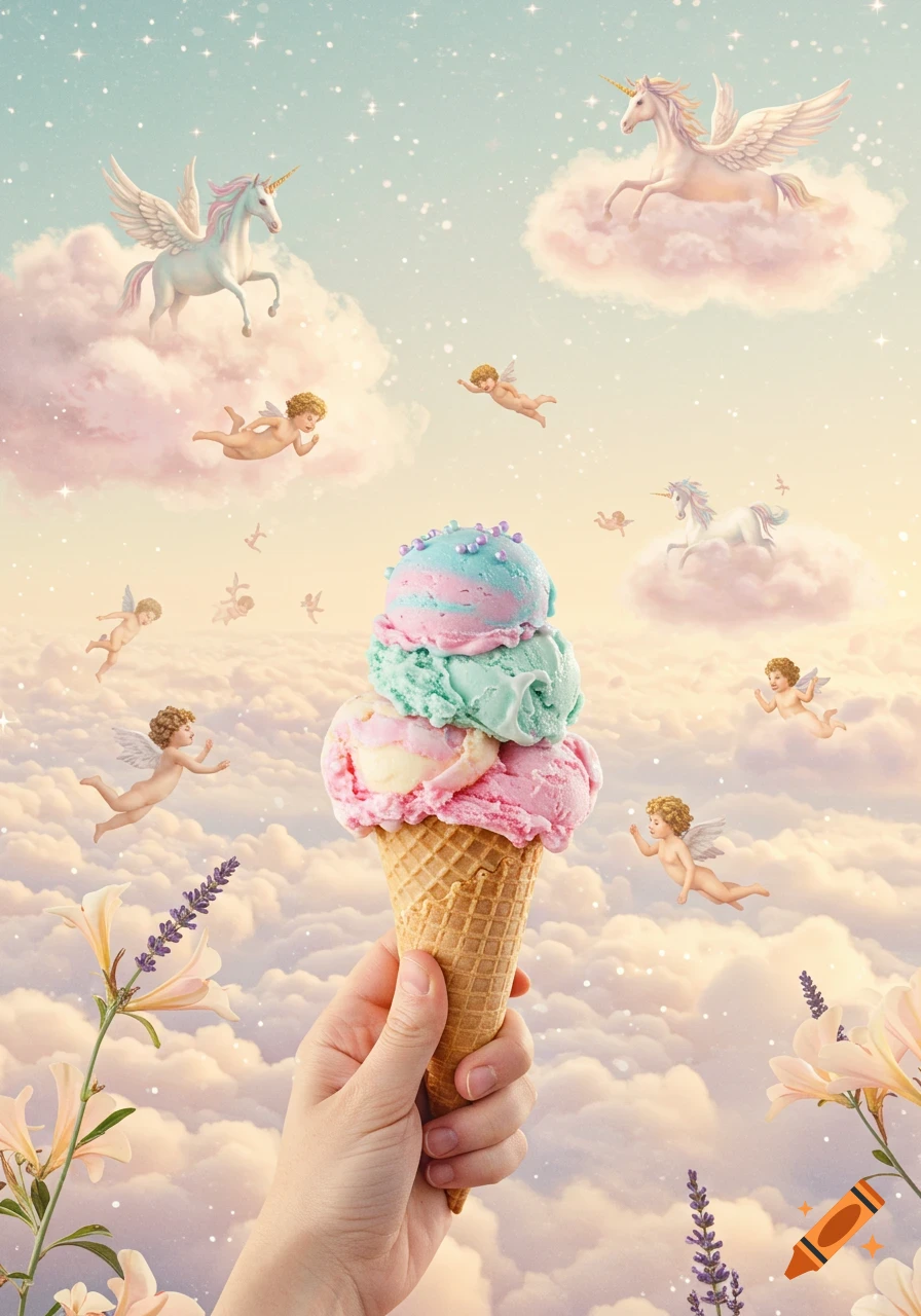 A hand holds a three-scoop ice cream cone in a whimsical sky with floating cherubs, unicorns on clouds, and sparkling stars.