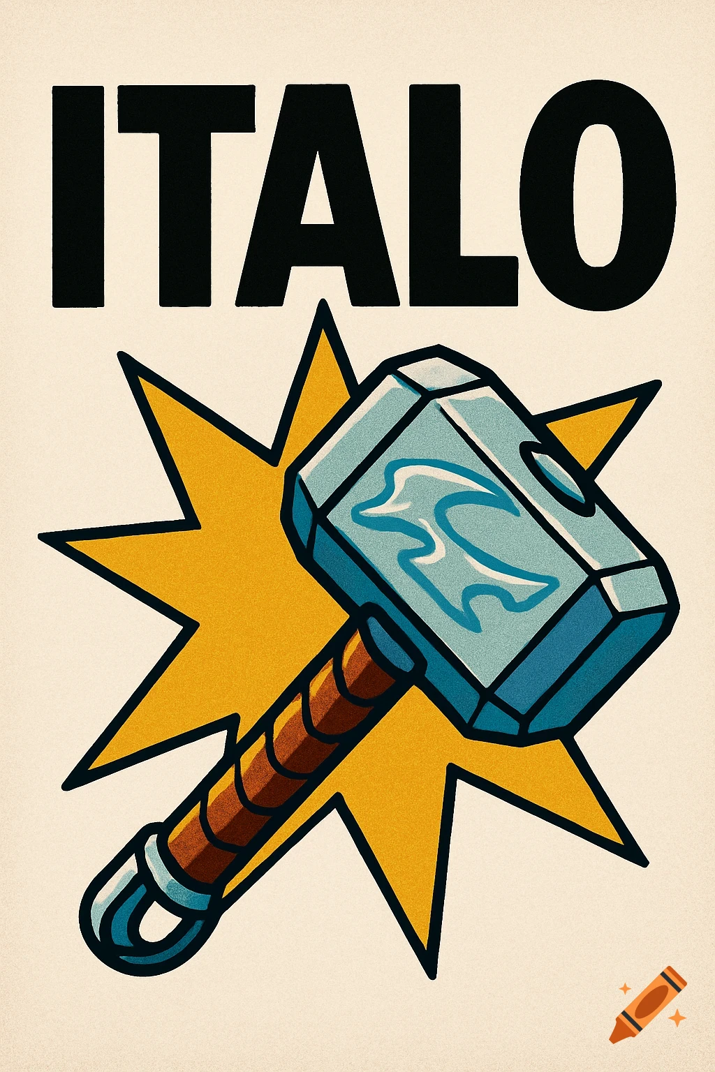 Stylized illustration of Thor's hammer in Disney style with a starburst background and the word ITALO above.