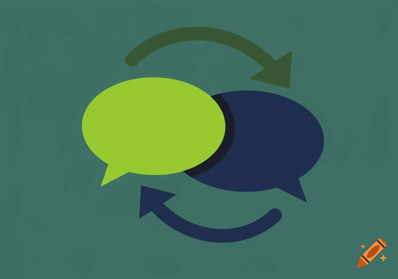 Minimalist illustration of two overlapping speech bubbles, one lime and one navy, surrounded by looping arrows on a muted green background.