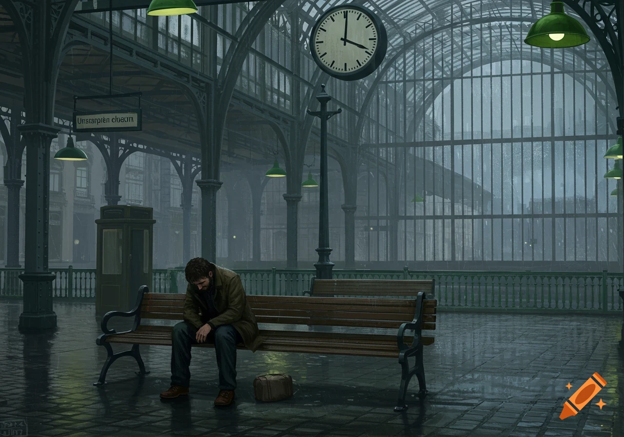 A man sits alone on a bench in a gloomy, rainy train station with ornate architecture, in an atmospheric style.