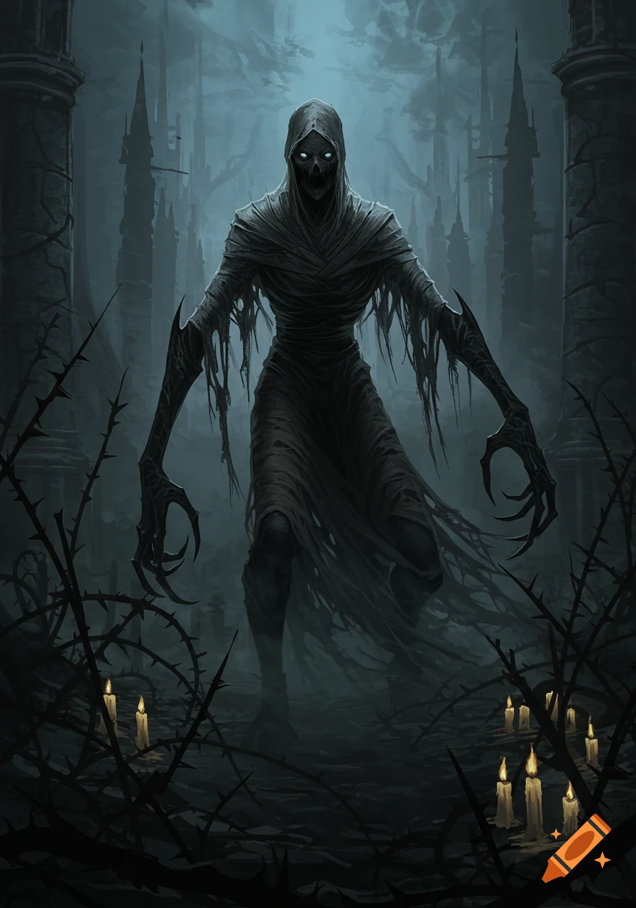 A hooded skeletal monster with glowing eyes and long claws in a dark gothic landscape of spires, thorns, and candles. Dark fantasy art.