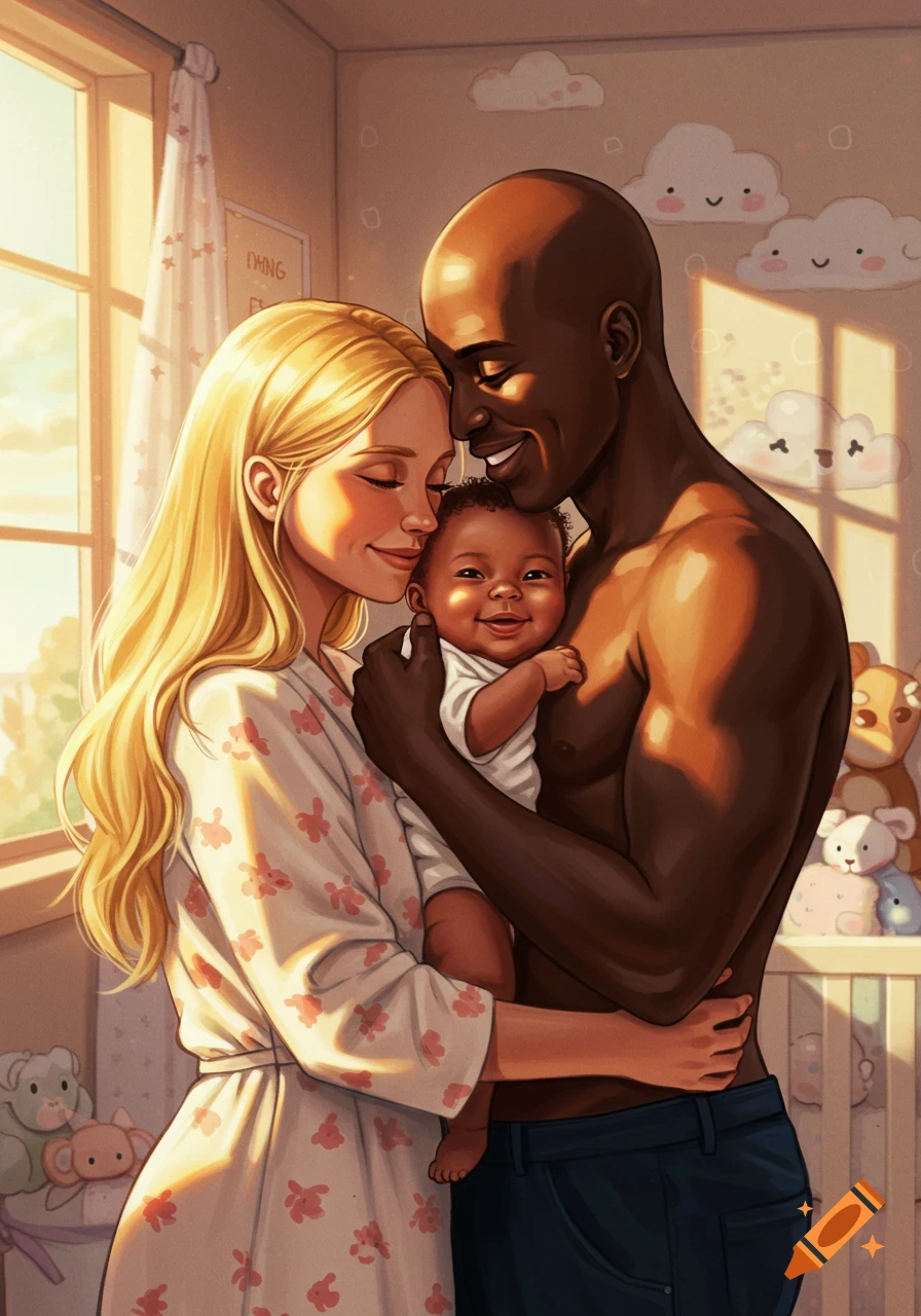 An illustration of a blonde woman and a bald Black man tenderly holding a smiling baby in a sunlit nursery.