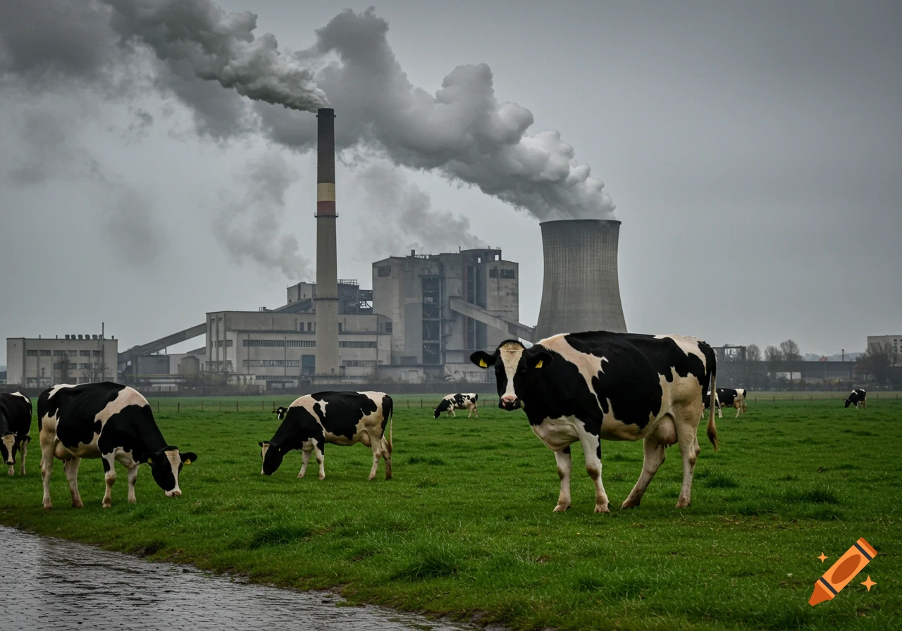 Photorealistic image of cows grazing in a green field with a smoking industrial factory in the background under a gray sky.