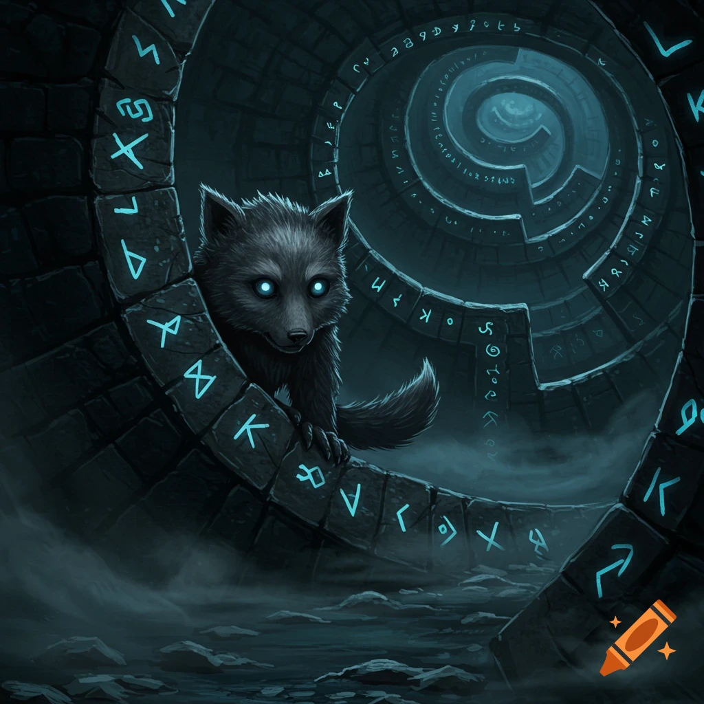 A cute, dark grey wolf-like creature with glowing blue eyes peeks from a stone labyrinth with glowing blue runes, in a dark fantasy art style.