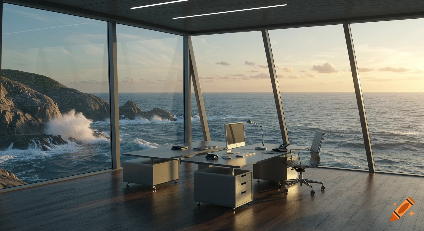 A modern office with large windows overlooking a dramatic ocean landscape with crashing waves and cliffs at sunset.