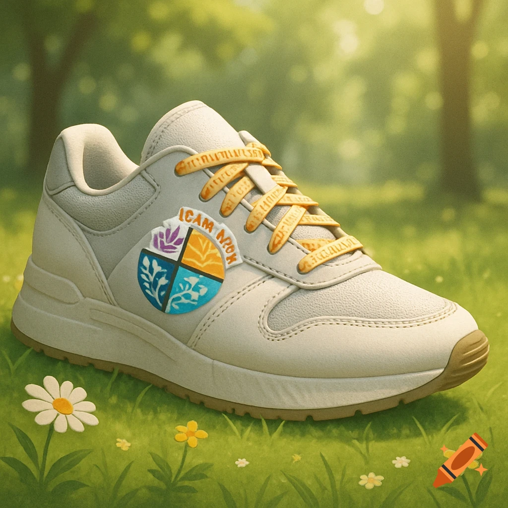 A beige sneaker with a colorful emblem and yellow laces sits in green grass with small white and yellow flowers in a park.