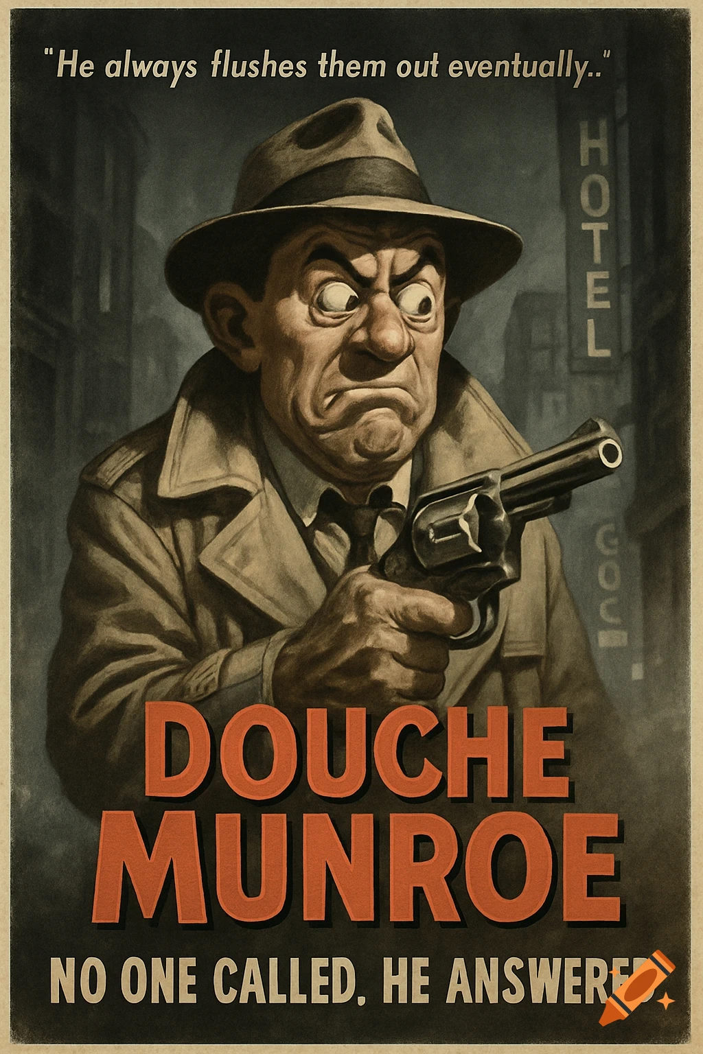 A vintage-style movie poster features a wide-eyed, grimacing detective in a trench coat and fedora, holding a revolver. Text reads: "DOUCHE MUNROE", "NO ONE CALLED. HE ANSWERED", and "He always flushes them out eventually.."