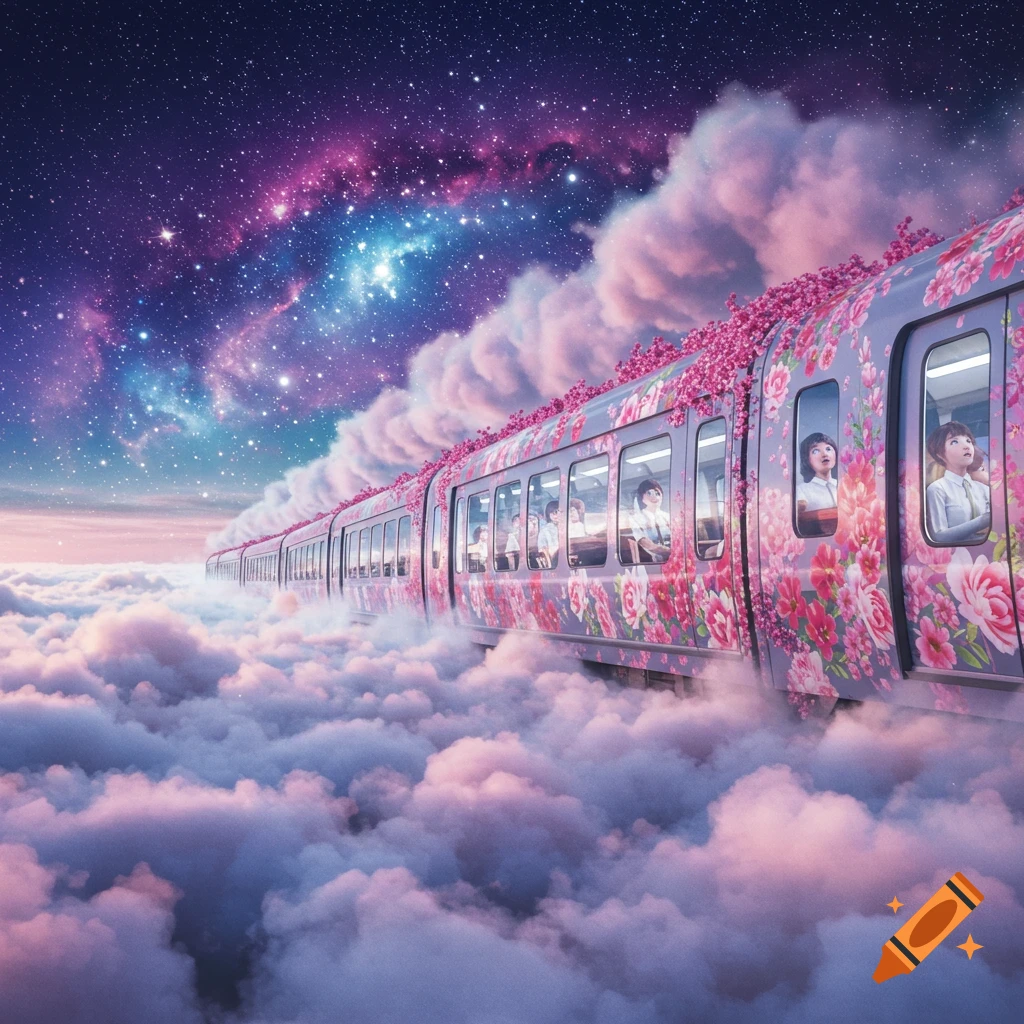 A floral train travels through pink clouds under a starry, galaxy-filled night sky, with passengers looking out in wonder.
