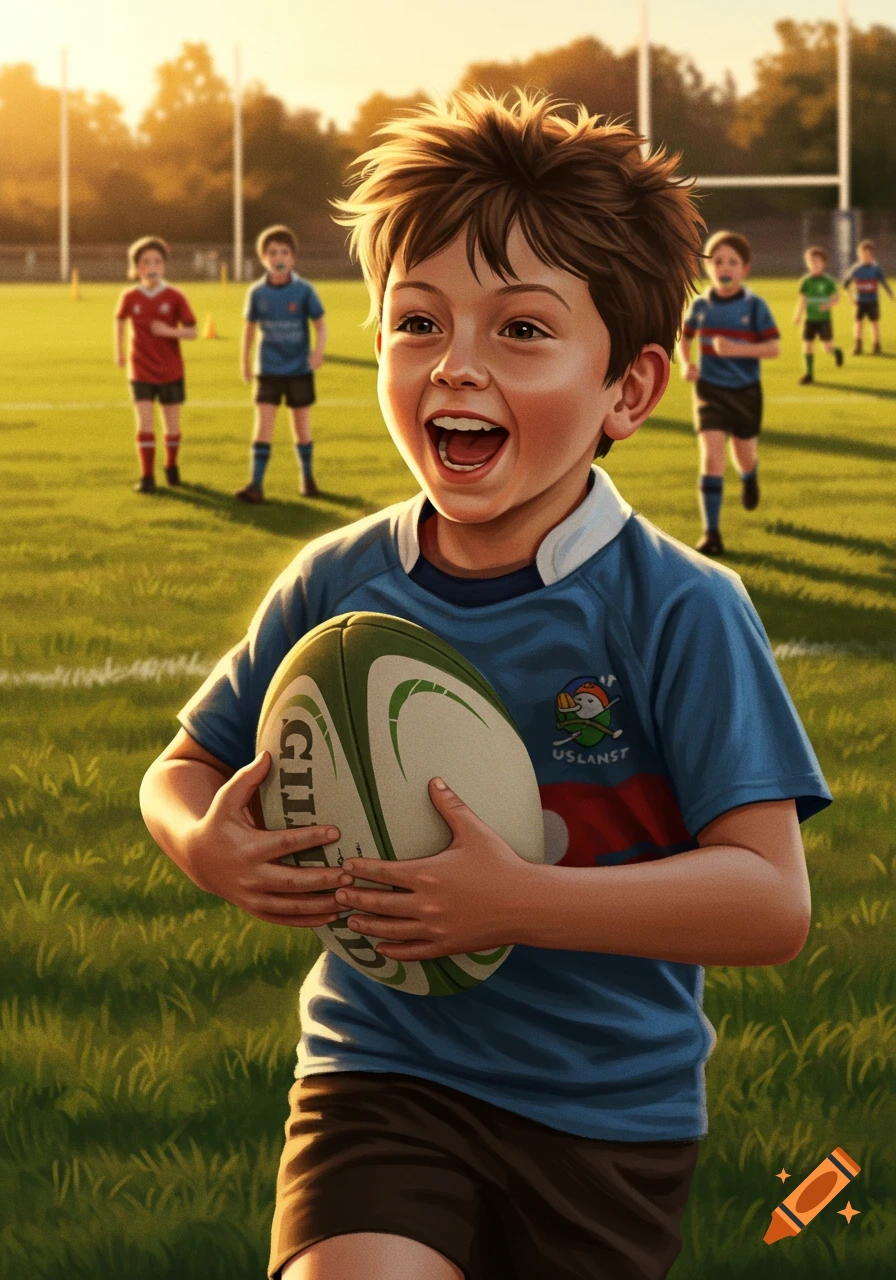 A smiling young boy in a blue jersey runs with a rugby ball on a grassy field, with other children and goalposts in the sunny background.