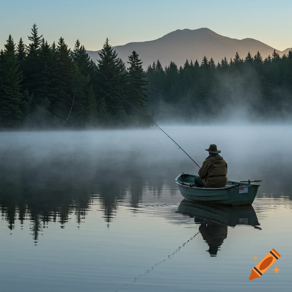 An angler in a small boat fishes on a misty lake surrounded by pine trees and mountains at sunrise.