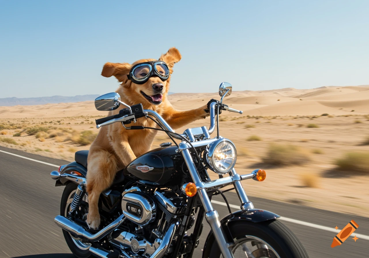A golden retriever wearing goggles drives a motorcycle down a highway in a sunny desert.