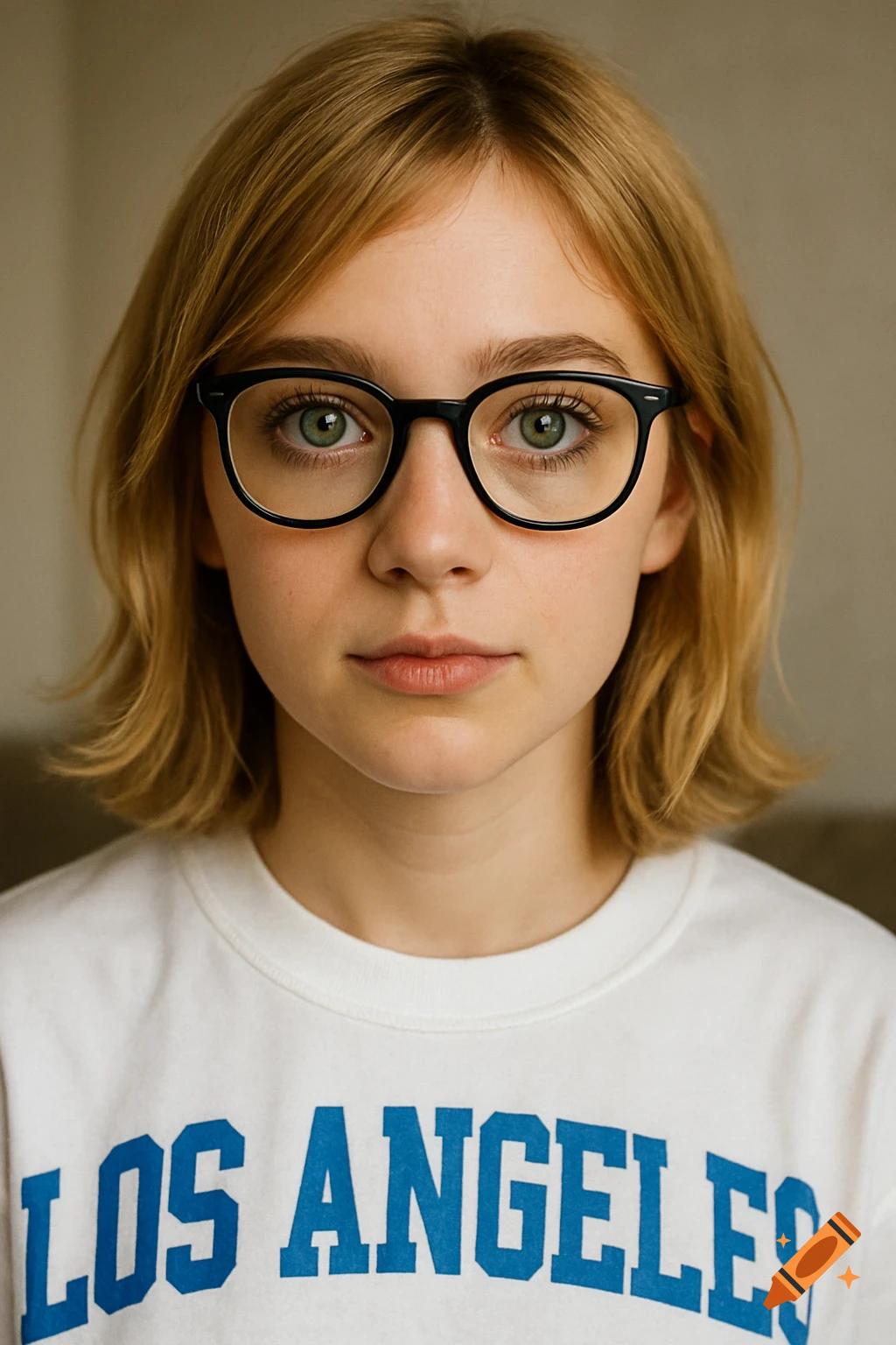 Photorealistic portrait of a young woman with short blonde hair, green eyes, and black glasses, wearing a white t-shirt with "LOS ANGELES" written in blue.