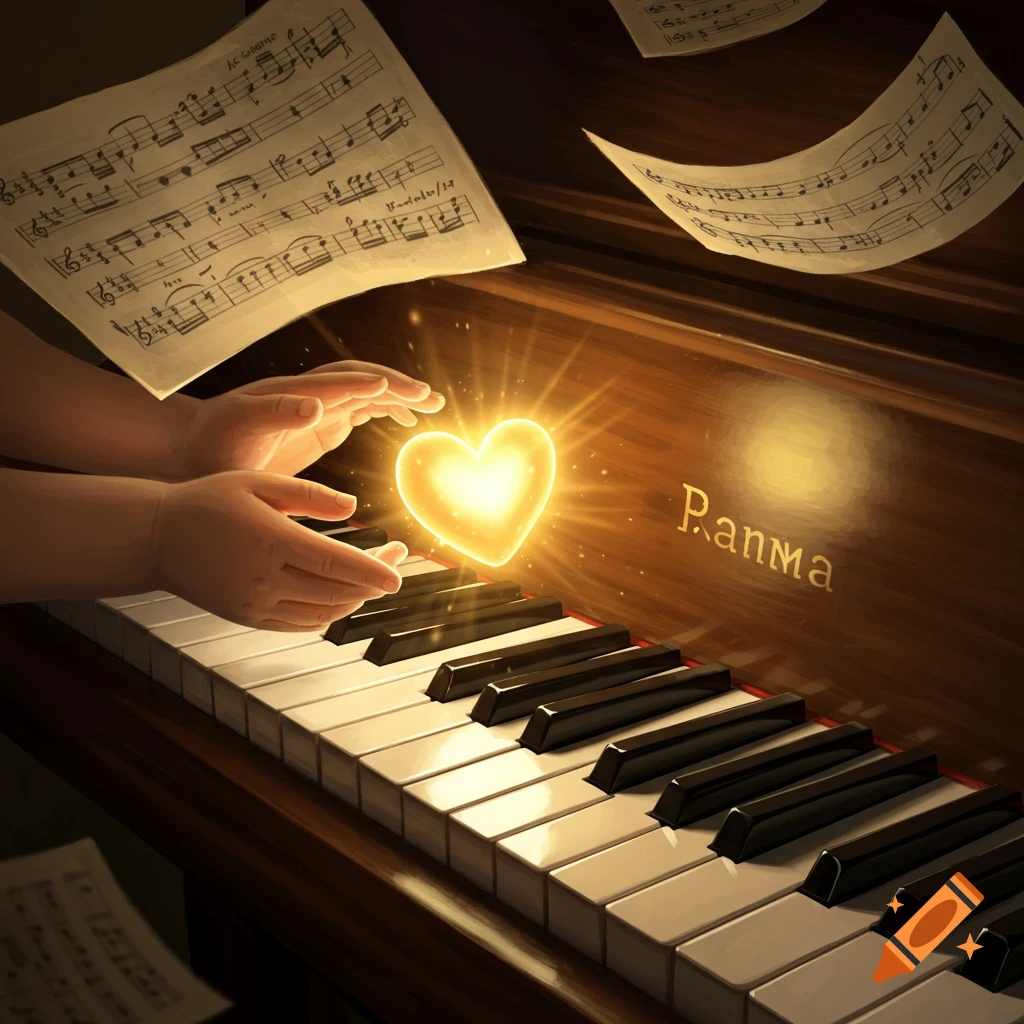 Child's hands hover over a piano keyboard, cradling a glowing, radiant heart, with musical sheets floating above.