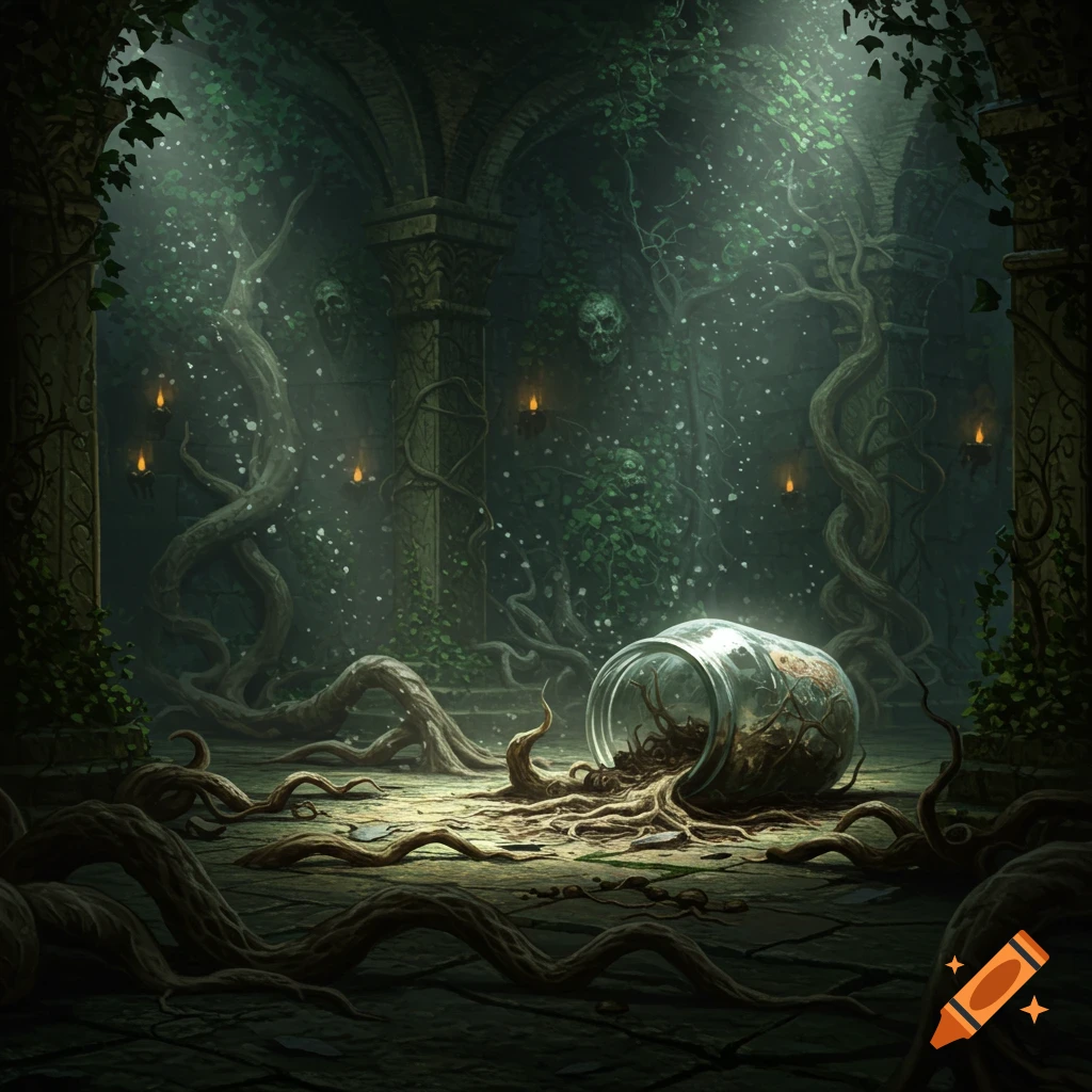 Fantasy art of a dark, overgrown stone labyrinth with roots spilling from a broken jar, illuminated by shafts of light and candles.
