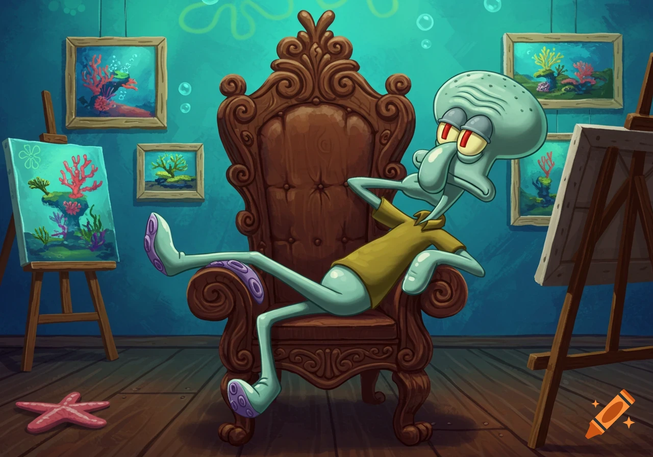 Cartoon Squidward lounges on an ornate brown chair in an art studio, surrounded by paintings of coral and an easel. A starfish lies on the wooden floor.