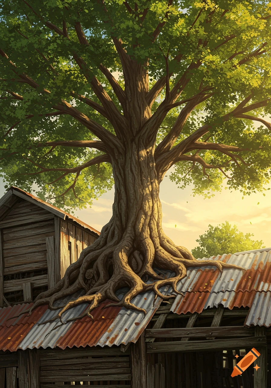 A majestic tree with large exposed roots bursts through the rusted tin roof of a weathered wooden building, bathed in golden light. Digital painting.