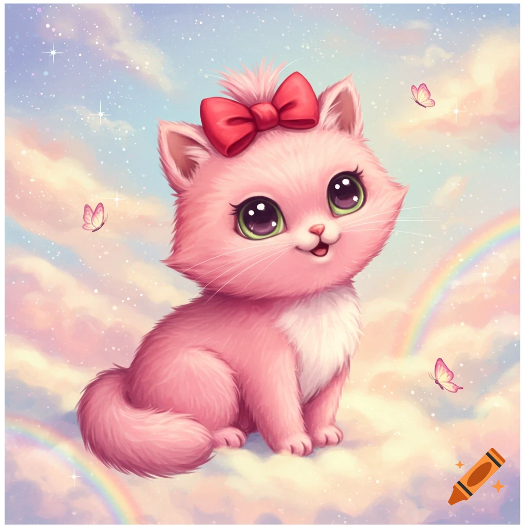 A fluffy pink cartoon cat with big green eyes and a red bow sits on a pastel cloud in a starry sky with rainbows and butterflies.