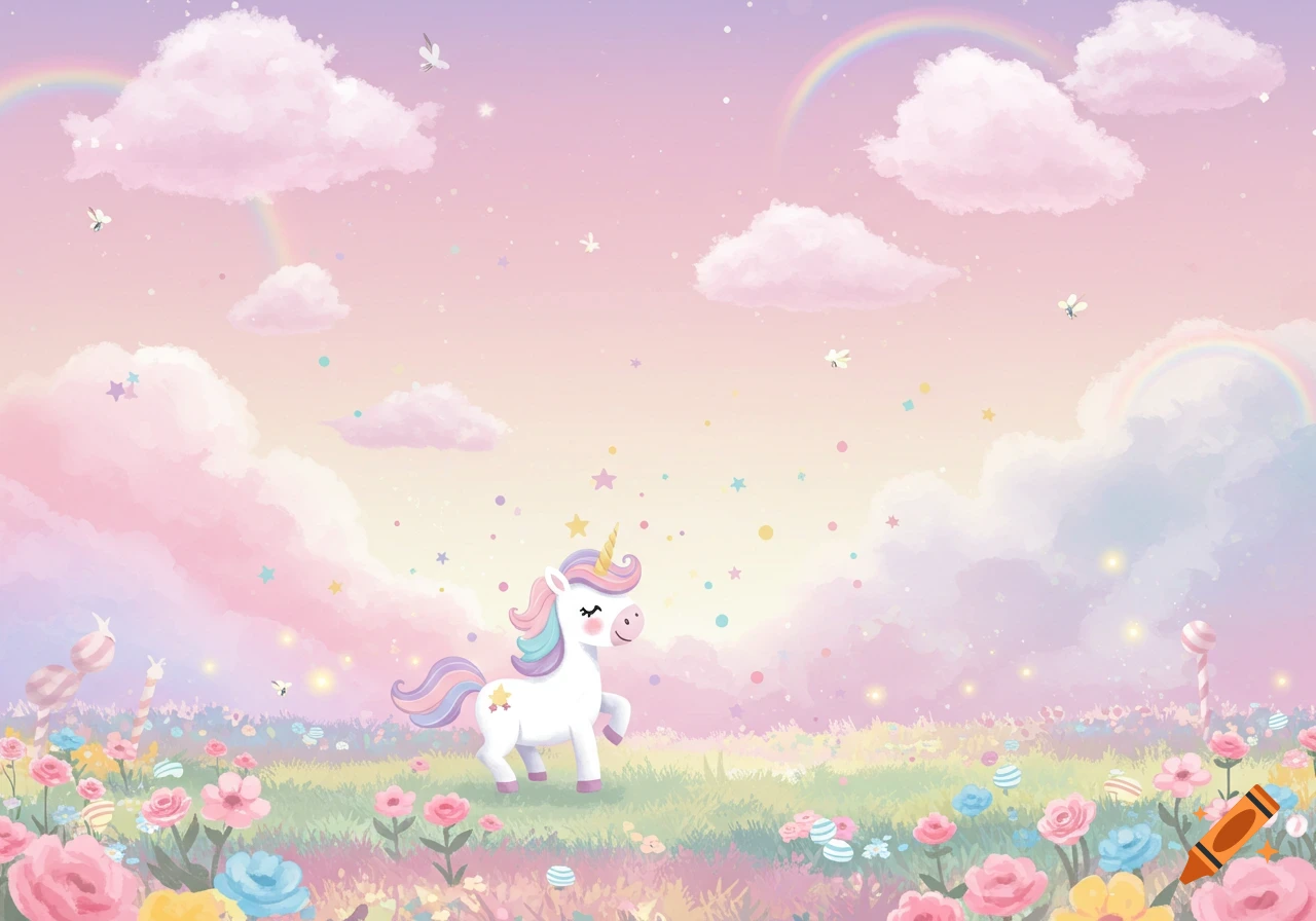 Cute cartoon unicorn with a rainbow mane in a pastel field with flowers, pink clouds, and rainbows.