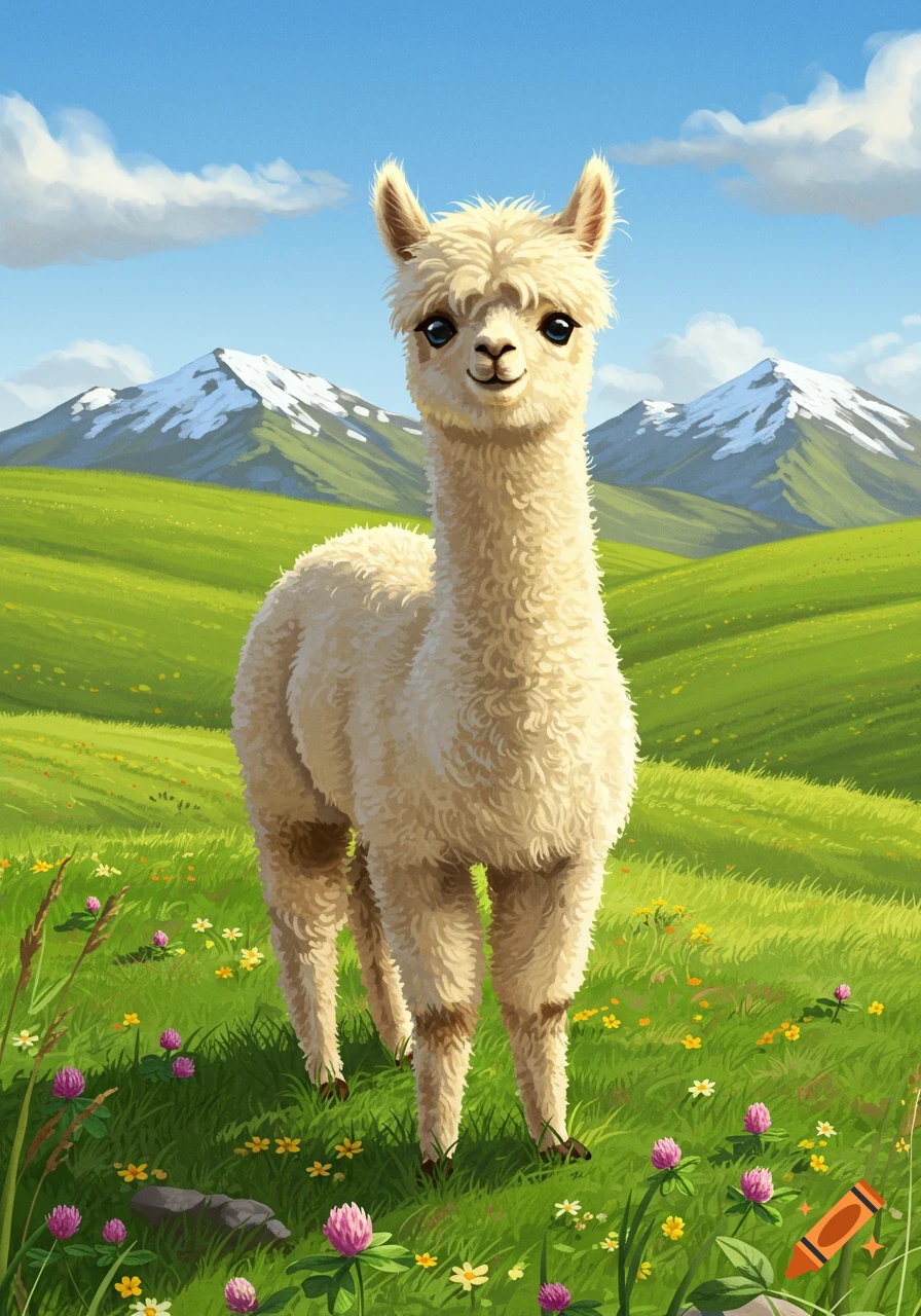 A cute, fluffy white alpaca stands in a vibrant green field with colorful wildflowers and distant snow-capped mountains under a blue sky. Illustration.