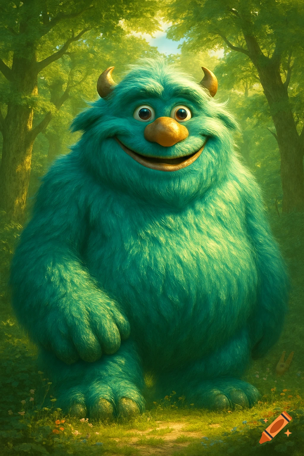 A large, friendly, furry, teal-green monster with horns and an orange nose smiles widely in a vibrant green forest.