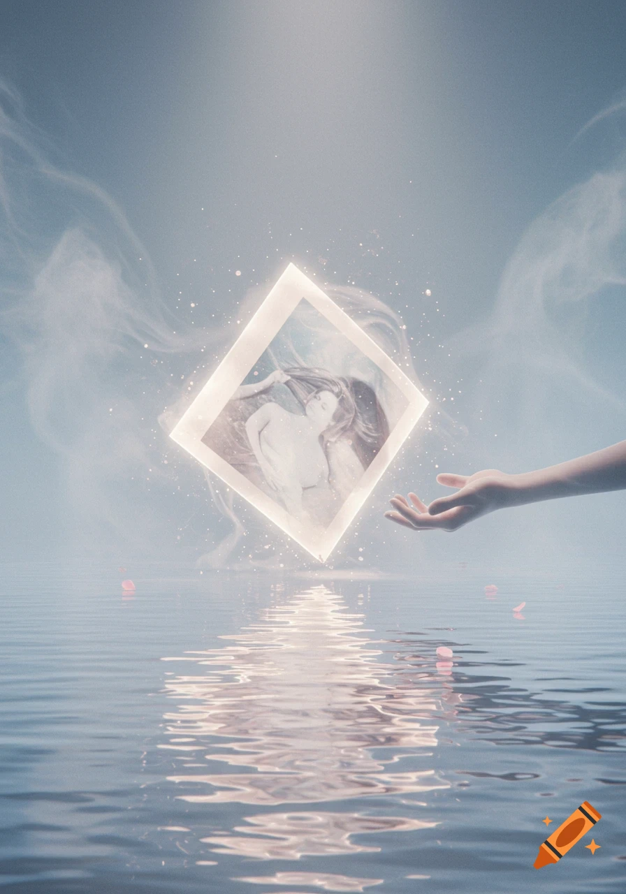 A hand reaches towards a glowing square frame floating over water, containing an ethereal female figure, surrounded by shimmering light and smoke.