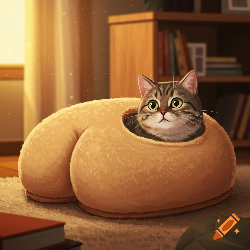 A cute tabby cat with wide eyes peers out from a soft, tan, buttock-shaped cushion in a warm, cozy room.