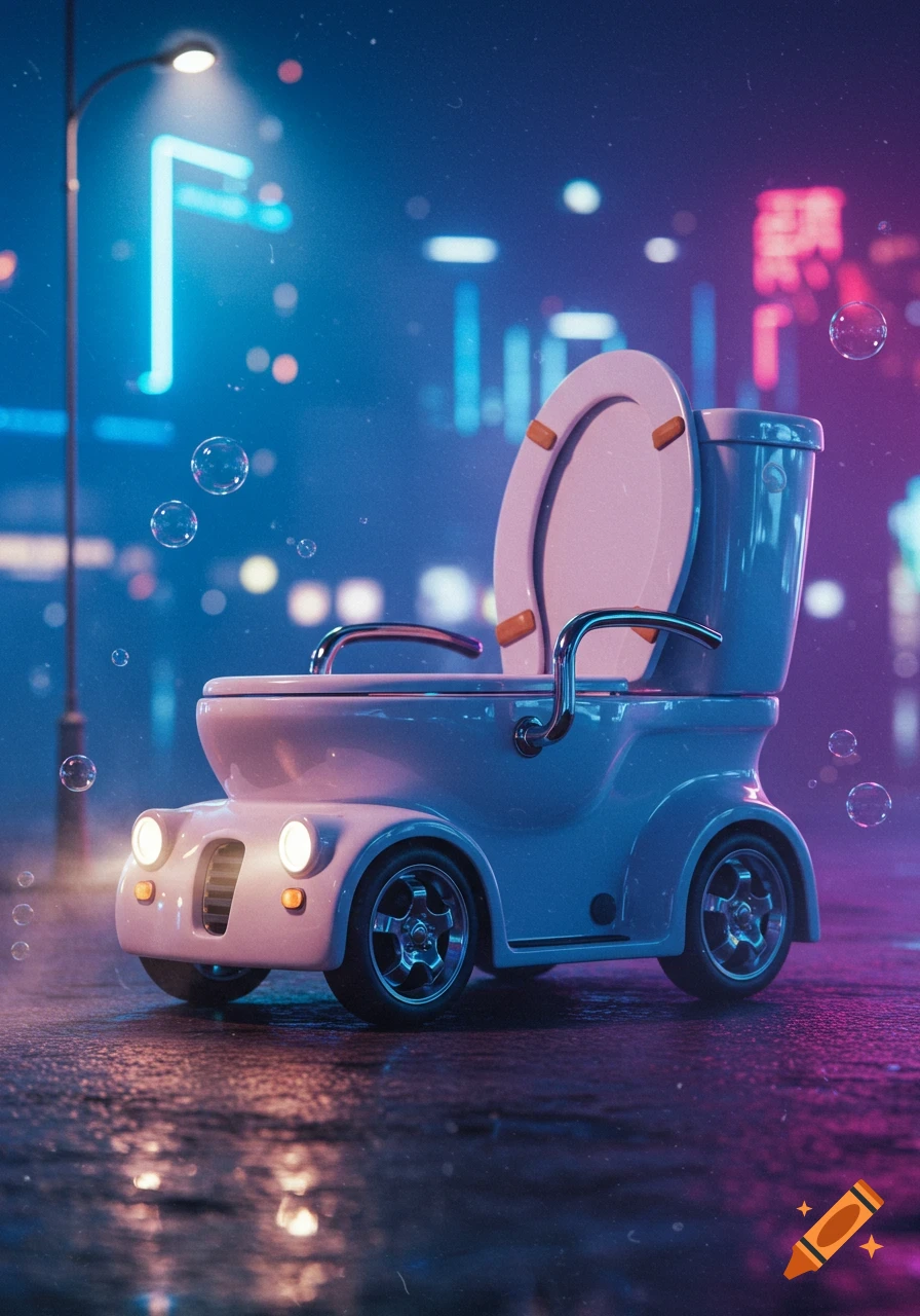 A shiny, light blue toilet car with chrome accents and glowing headlights on a wet city street at night, surrounded by neon signs and bubbles.