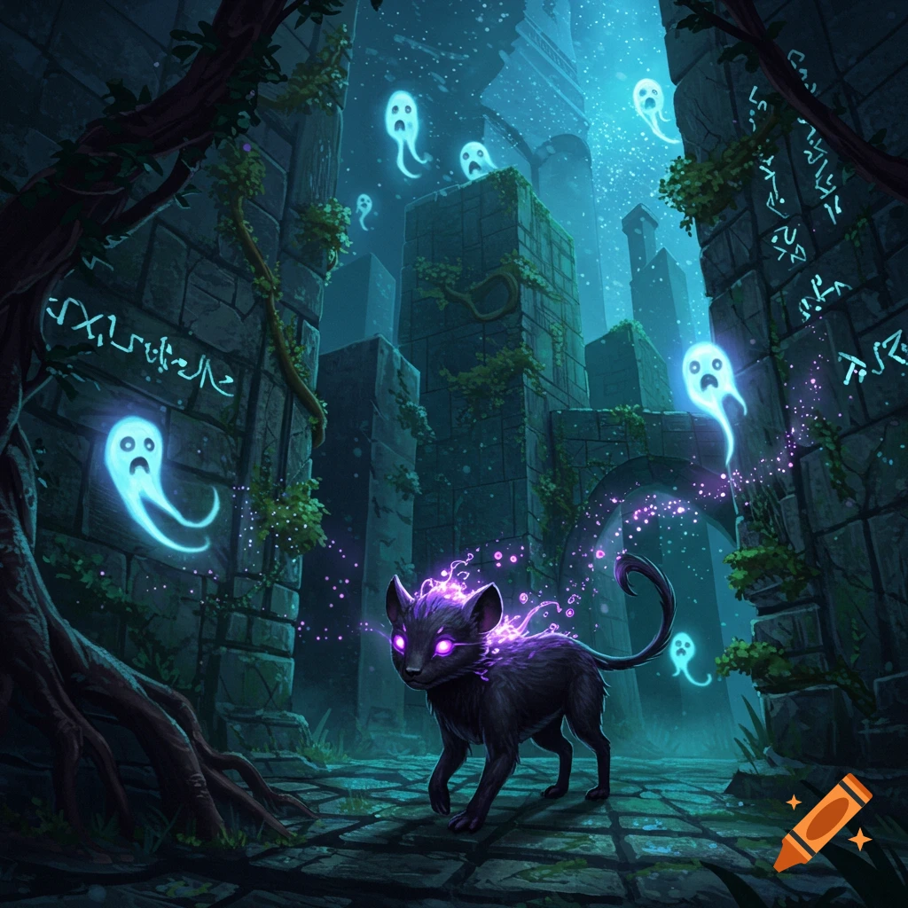 A small black creature with glowing purple fur and eyes walks through dark, moss-covered ruins with glowing blue ghosts floating around it, in a fantasy art style.