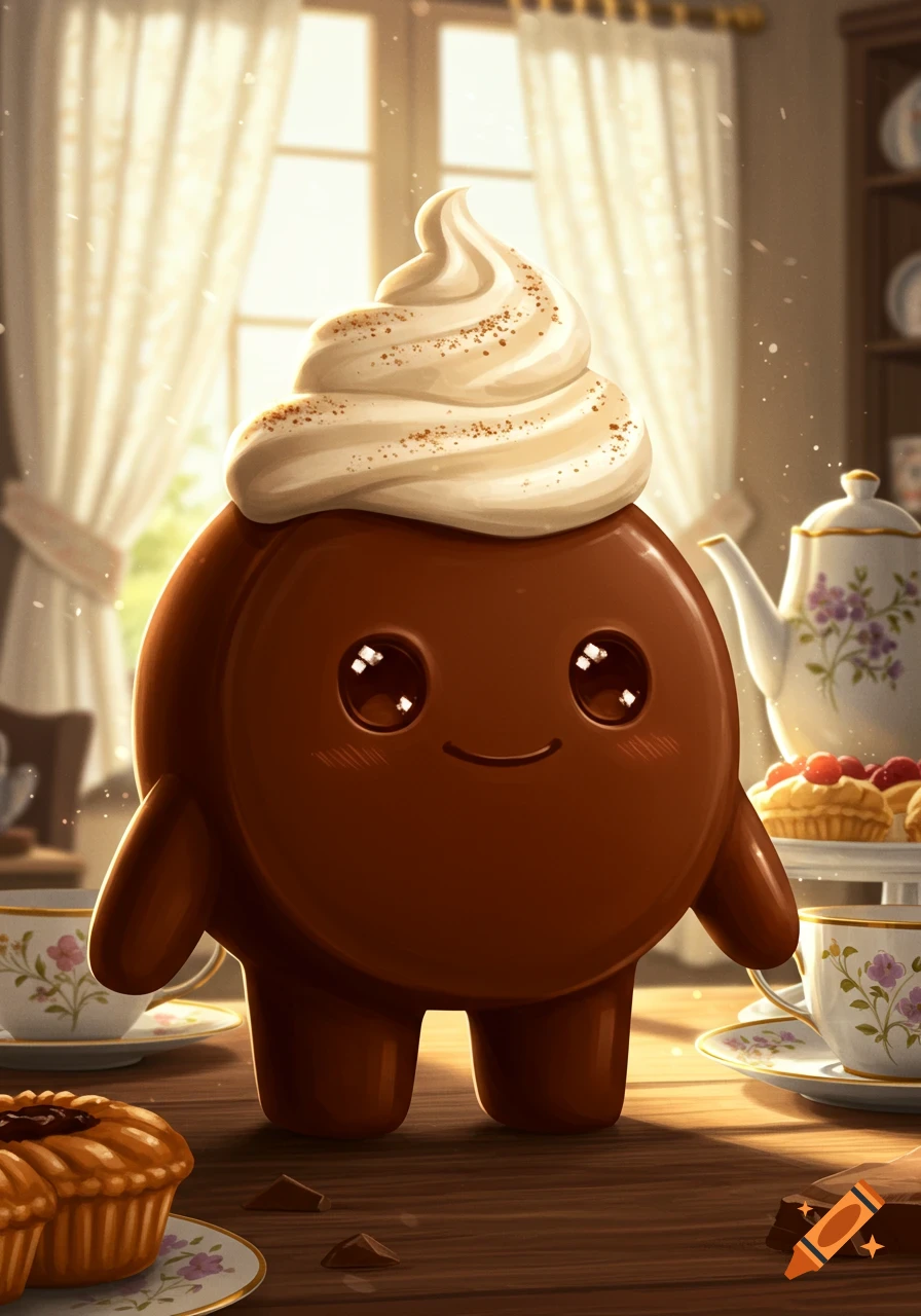 Cute chocolate blob character with whipped cream head, standing on a wooden table with teacups and pastries in a sunlit room, digital art.