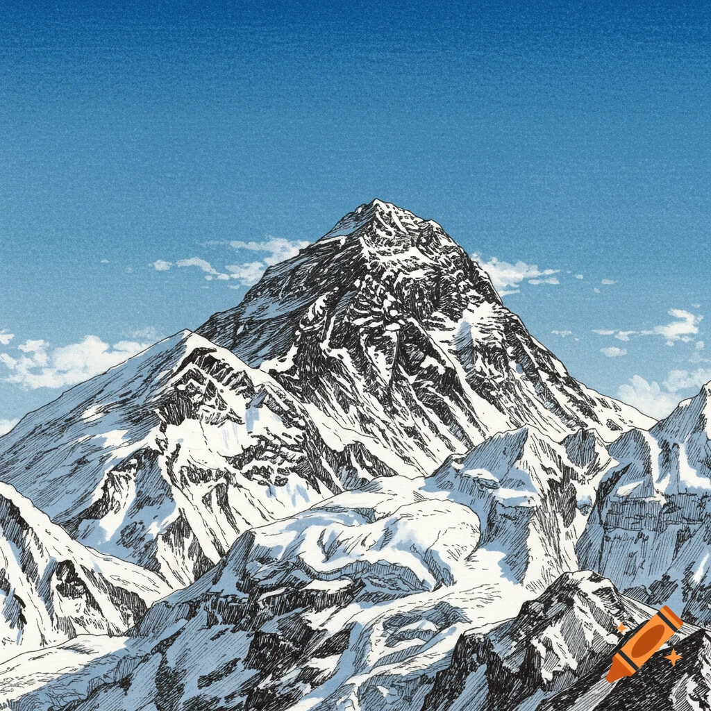 Rotring illustration of a snow-capped mountain range, likely Mount Everest, under a blue sky with sparse clouds.
