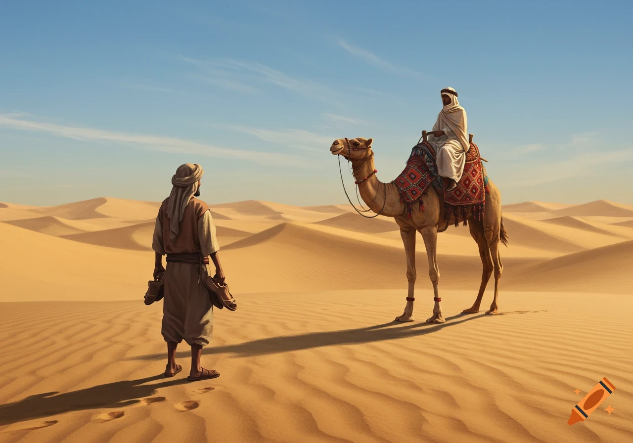 Two men, one holding shoes and another riding a camel, meet in a vast, sunny desert landscape.