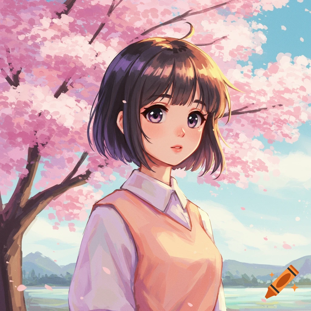 Anime girl with dark hair and purple eyes in a white shirt and orange vest, standing under a pink cherry blossom tree.