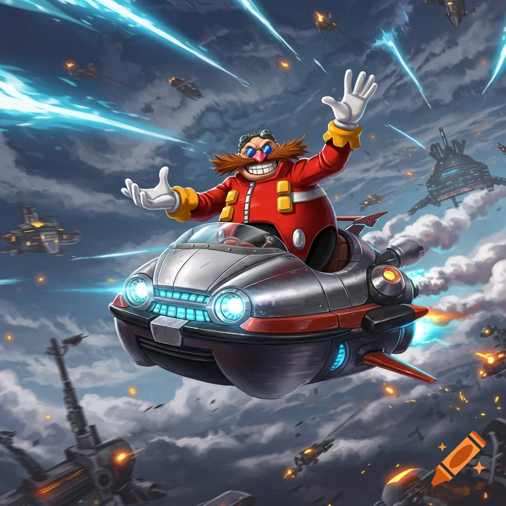 Dr. Eggman in his Eggmobile flies amidst an aerial battle with other ships and explosions, in a cartoon style.