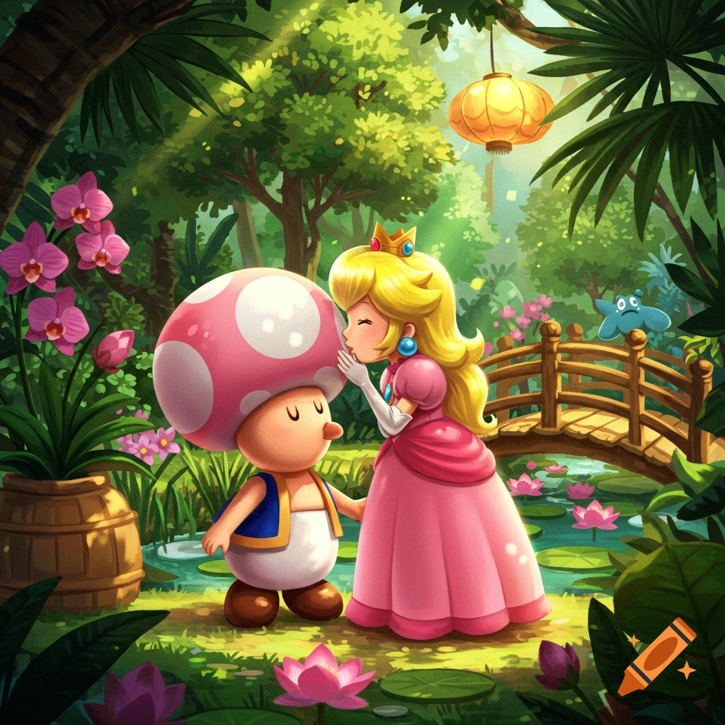 Princess Peach kisses a pink mushroom character in a lush, vibrant fantasy forest with a small bridge.