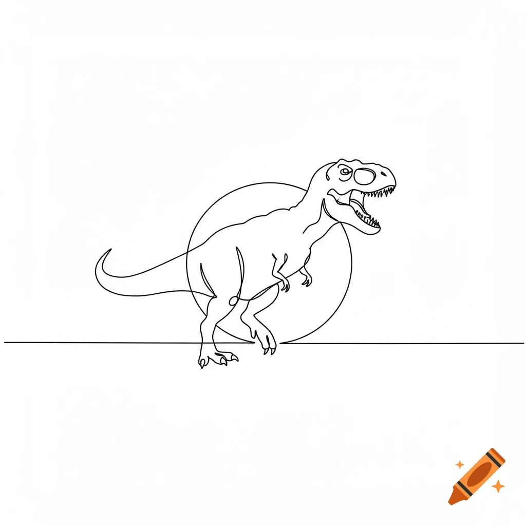 Single line art drawing of a T-Rex dinosaur roaring, with a circle and horizontal line on a white background.