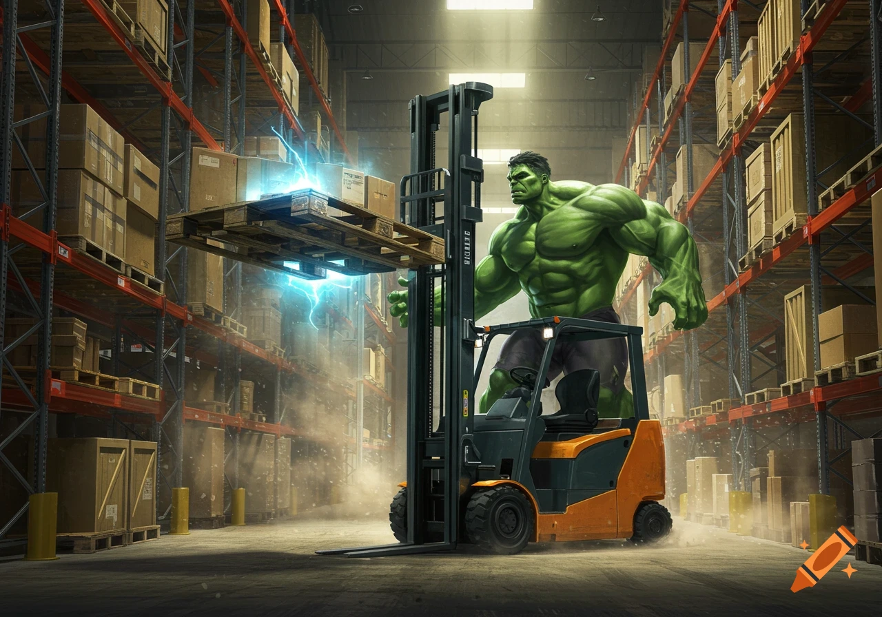 A green, muscular Hulk-like figure standing behind an orange forklift in a dusty warehouse, lifting a glowing pallet.