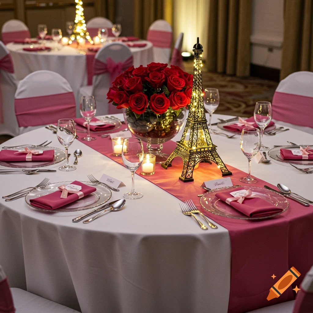 A round table set for an event with white tablecloth, pink runner, red roses, a lighted Eiffel Tower, and place settings.
