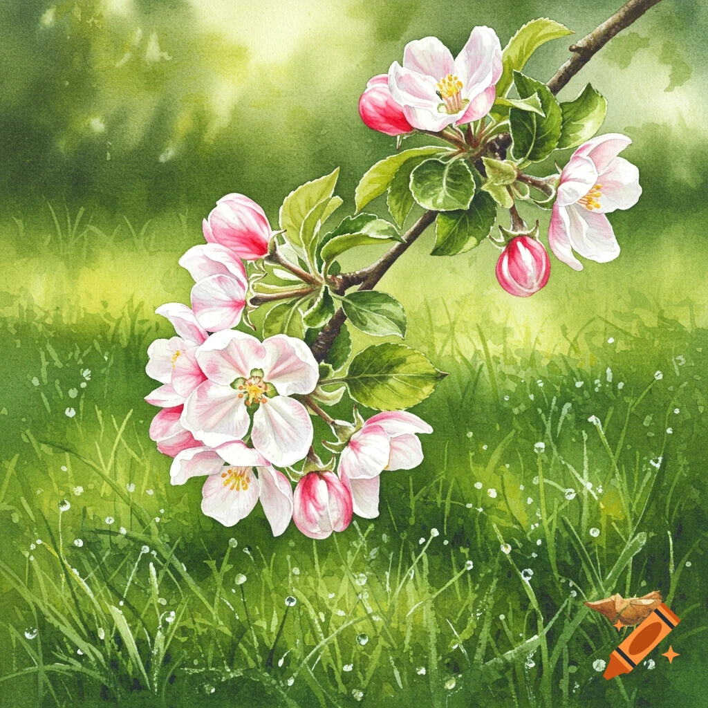 A watercolor painting of a pink and white apple blossom branch with green leaves against a soft green grassy background with dewdrops.