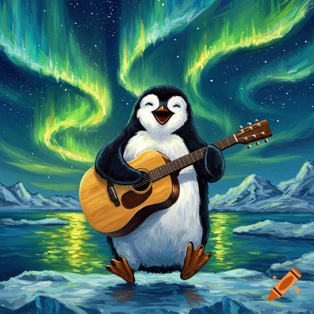 A happy penguin plays a guitar on an ice floe under vibrant green and yellow Northern Lights, in a painterly art style.