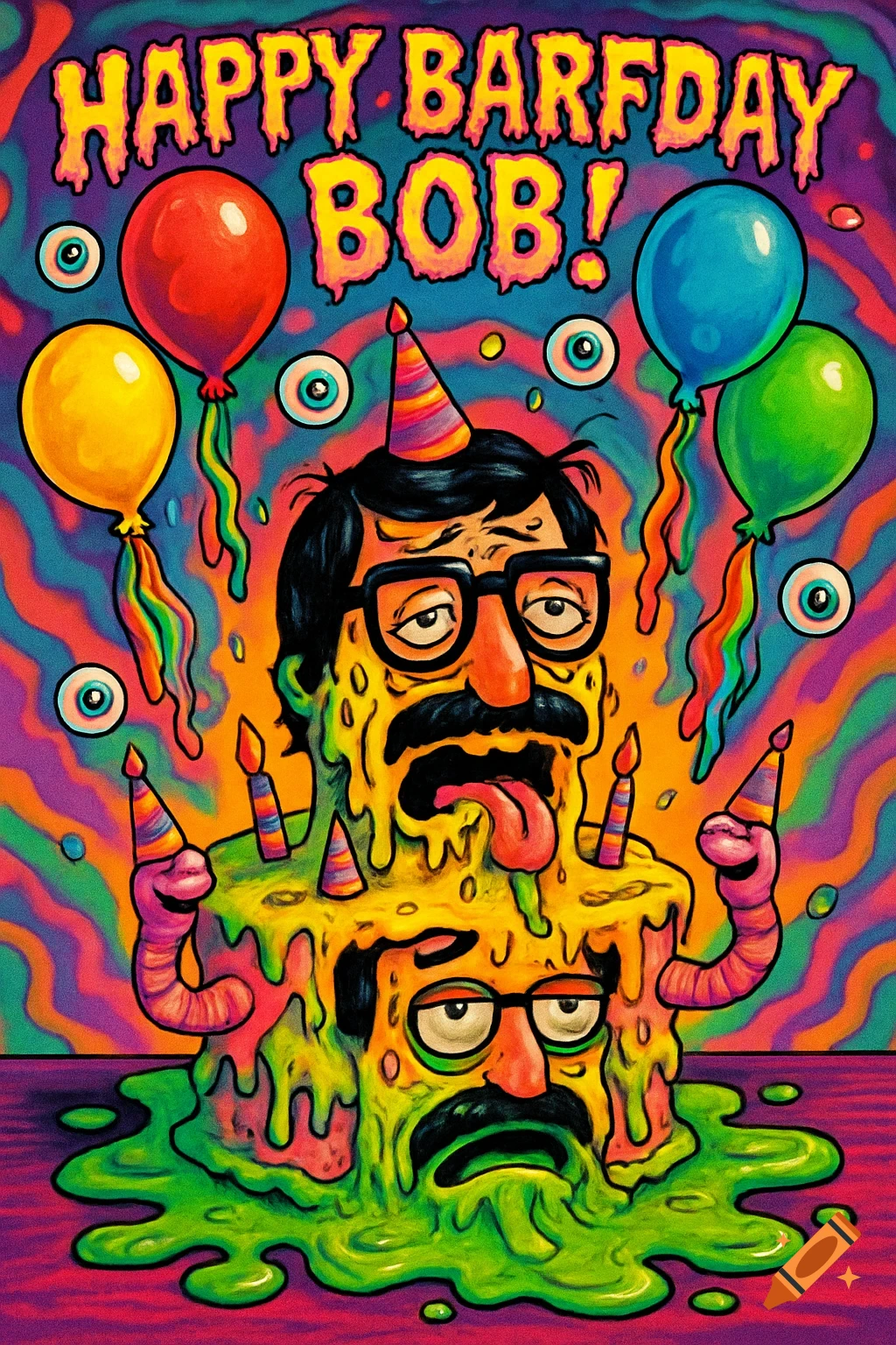 A surreal, cartoon-style 'Happy Barfday Bob!' image with a melting Bob's Burgers character cake, rainbow barf, slime, eyeballs, and worms.