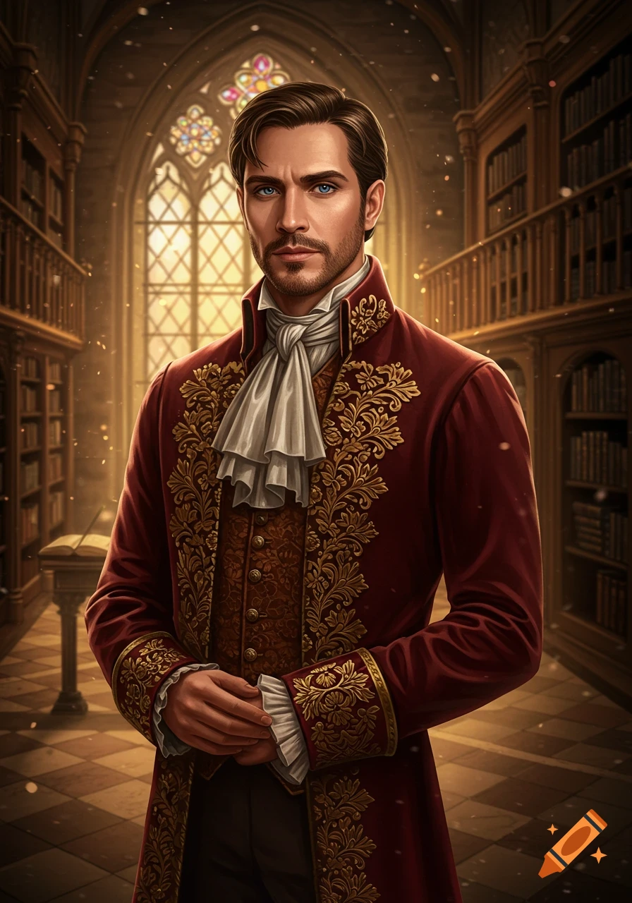 A man in a detailed red historical coat with gold embroidery and a white cravat stands in a grand library with stained glass windows.