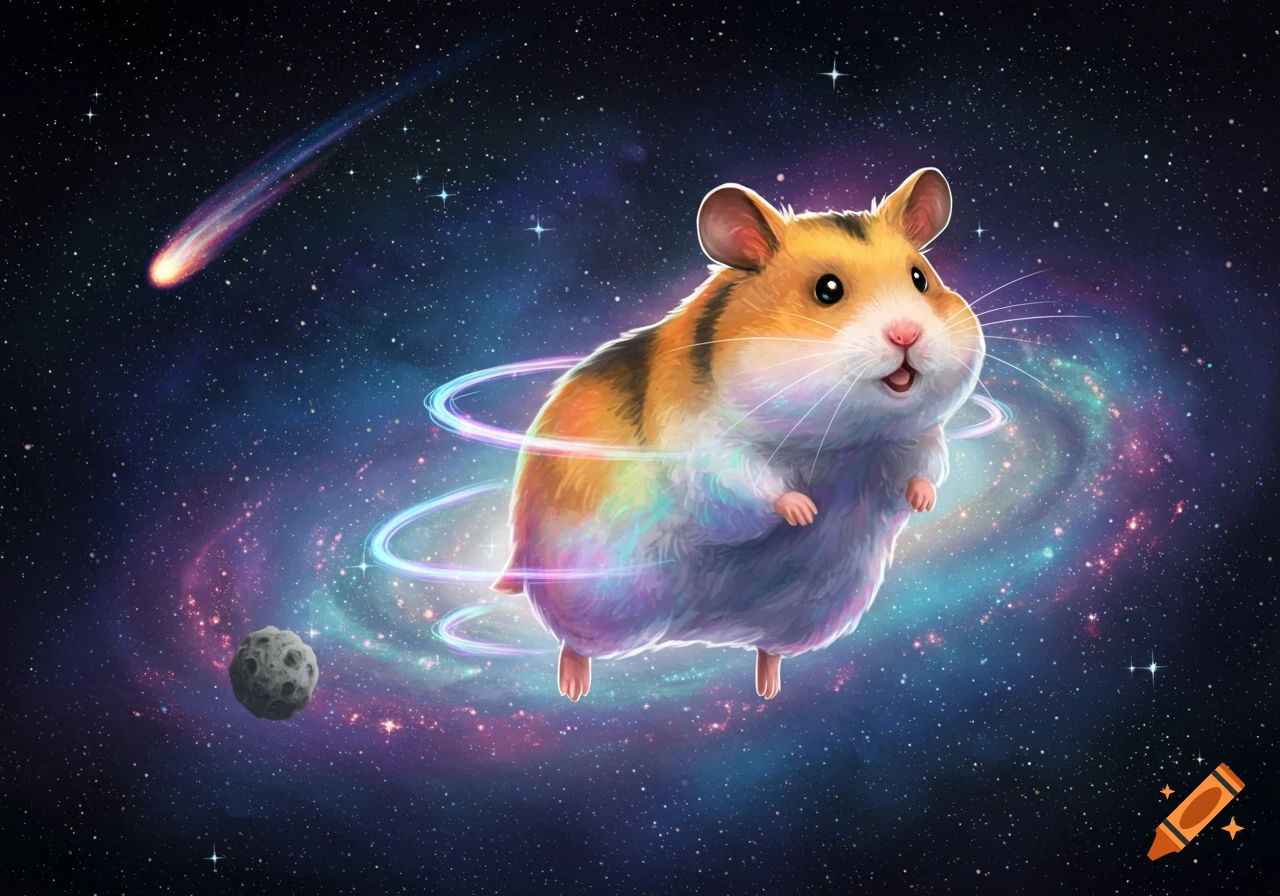 A cute hamster with a rainbow aura floats in a vibrant galaxy with stars, a comet, and an asteroid.